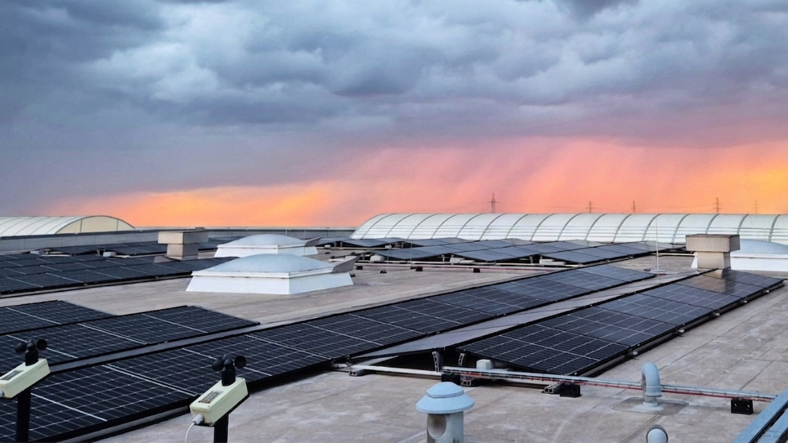 Foto einer PV-Anlage auf einem Industriegebäude in NRW, im Hintergrund ein rot leuchtender Sonnenuntergang